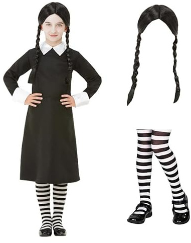 My Illusions Girls Wednesday Costume Kids Halloween Character Fancy Dress Outfit + Wig + Striped Tights (Large 10-12 Years)