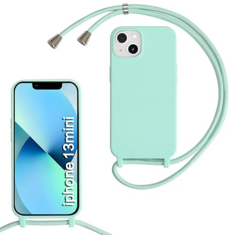 MBSLFY Silikon Handykette für iPhone 13 Mini Hülle mit Band,Silikon Necklace Handyhülle mit Abnehmbar Kordel zum Umhängen Stossfest Bumper Handy Schutzhülle für iPhone 13 Mini, Minz grün