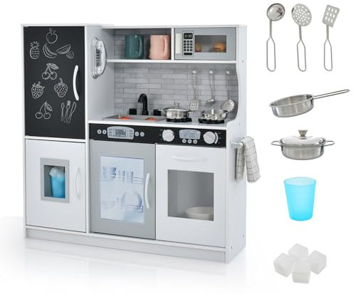 DREAMADE Cuisine Enfant en Bois, Cuisine de Jeu avec Tableau Noir, Téléphone, Cuisinières, Lave-Vaisselle, Machine à Glaçons et Four, Cuisine Jouet avec Sons Réels pour Garçons & Filles (Gris)