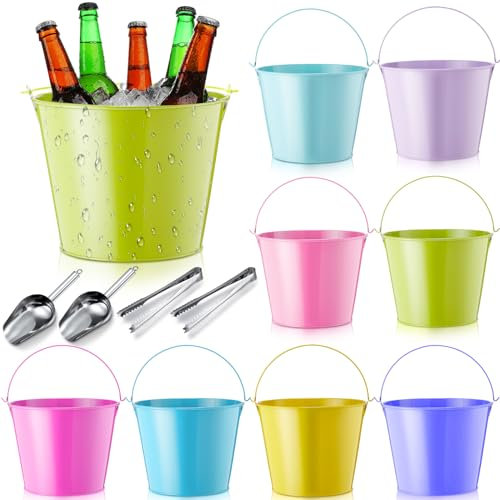 Zopeal 8 Pcs Galvanized Beer Bucket Metal Ice Buckets with Shovels and Tongs Large Steel Pail Tin with Handle for Party Wedding Wine Champagne Bar Kitchen Christmas Table Centerpieces(Multicolor)