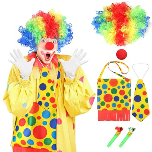 6Pcs Clown Kostüm Accessoire,Regenbogen Clown Perücke Afro Clown Perücke Lockenkopf Clown Lockenperücke Clownsnase Bunte Krawatte Tasche Trillerpfeifen für Karneval Fasching Halloween Cosplay Kostüm