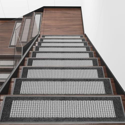 Hargiis 7 tappetini antiscivolo per scale in legno, in poliestere, con retro in gomma, senza adesivo, per bambini, anziani e animali domestici (plaid grigio, 76,2 x 20,3 cm)