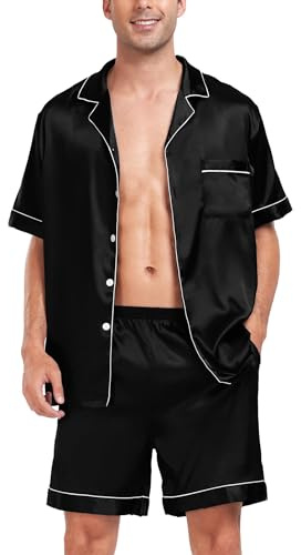 SWOMOG Mens Silk Pyjamas Sets Short Sleeve Satin Loungewear Button-Down Sleepwear Two-Pieces PJs Sets with Shorts Black