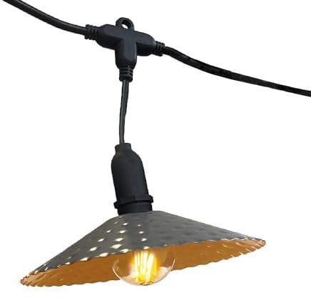 Lichterkette für den Außenbereich, 10 Lampenschirme aus Stahl, Vintage-Stil, Mini VINTY LIGHT HYBRID, warmweiß, 6 m, solarbetrieben und auf Netzstrom