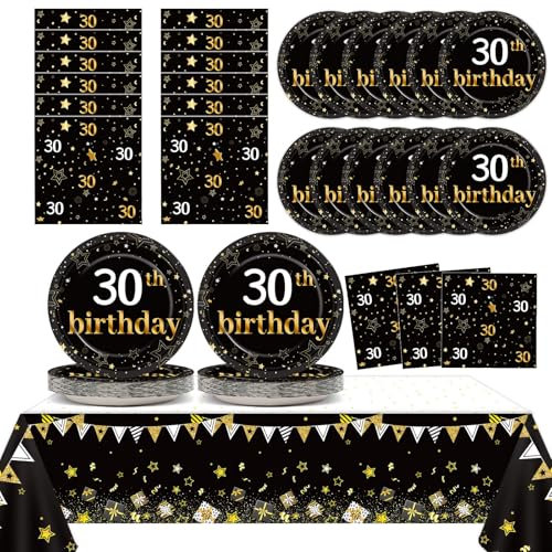 30th Birthday Party Supplies Serves 24 Black and Gold 30 Years Old Birthday Party Decorations Paper Plates Napkins Cheers to 30 Years Tablecloth Set Vintage 1995 Tableware Favors Kit for Men or Women