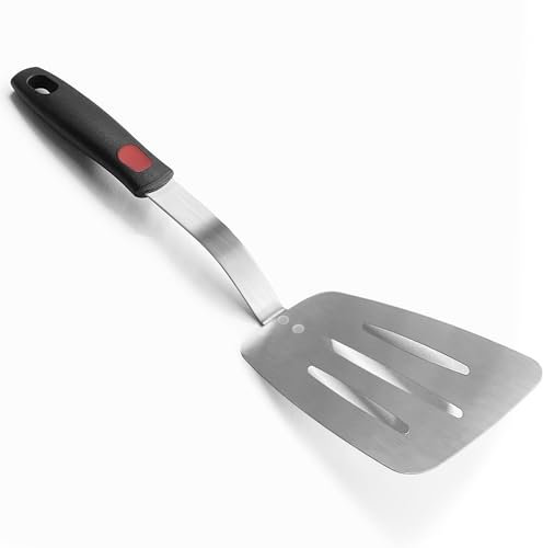 Stainless Steel Flexible Spatula Turner, XiaoZu Thin Metal Slotted Spatula for Cast Iron Skillet, Thin Blade and Heat Resistant Silicone Handle, Great for Egg, Cookie, Meat, Crep, Large