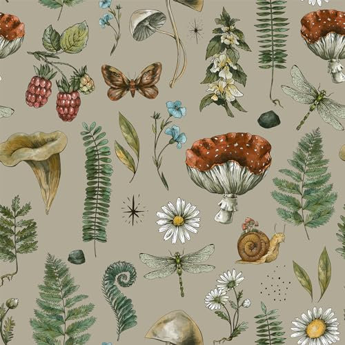 VEELIKE Papier Peint Champignon Marron Foret Tropical Papier Peint Adhesif Mural Chambre Salle de Bain 44,5 cm × 300 cm Papiers Peints Fleuri Vintage Adhesif Mural Decoratif Salon Autocollant Meuble