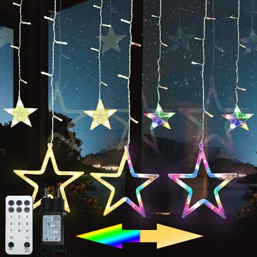 Meision Lichterkette Außen Sterne 2,3 Meters 138LED, 4 Farbwechsel Strombetrieben Lichtervorhang mit 11 Modi, Fernbedienung, Timer, Haken, Erweiterbar Lichterkette Fenster für Weihnachten