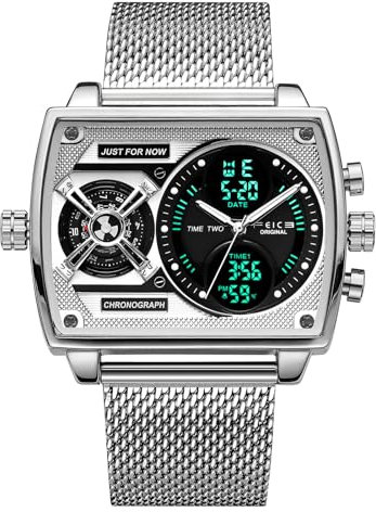 FEICE Multifunktionale Herrenuhr Quadratisch Großes Zifferblatt Analog Digital Quarzuhr Modisch Edelstahl 47 mm FK814 Silber