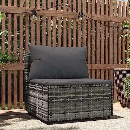 Homgoday Mittelsofa für den Garten mit Kissen aus Polyrattan, Grau, Schlafsofa, Wohnzimmer, Sofabett, modernes Sofa, Innen- und Außenmöbel