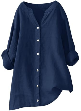 Hauts élégants grande taille pour femmes, chemisier et chemises en coton et lin de couleur unie décontracté à manches longues et col en V pour femme 2024, XL
