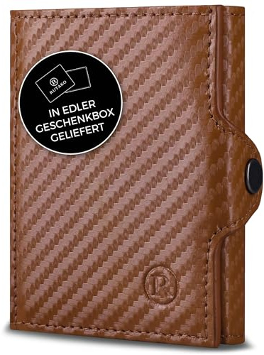 RUTAKO Slim Wallet mit RFID-Schutz - Kartenetui Herren & Damen - Kreditkartenetui klein - Mini Geldbörse - Portmonee Portemonnaie klein - Geldbeutel Carbon-Cognac