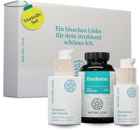 NATURE LOVE® Beauty Hyaluron Set - Day Cream, Serum & Kapseln mit Zink - 90 hochdosierte Kapseln - vegan und laborgeprüft
