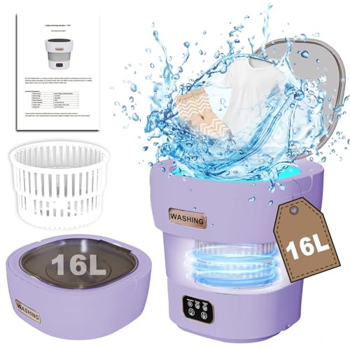 Portable Mini Waschmaschine Mit Schleuder - 16L Camping Waschmaschine Mini Washing Machine Faltbare, Tragbare Waschmaschine Camping Kleine Waschmaschine Reise Lila(Ultra-Reinigung)