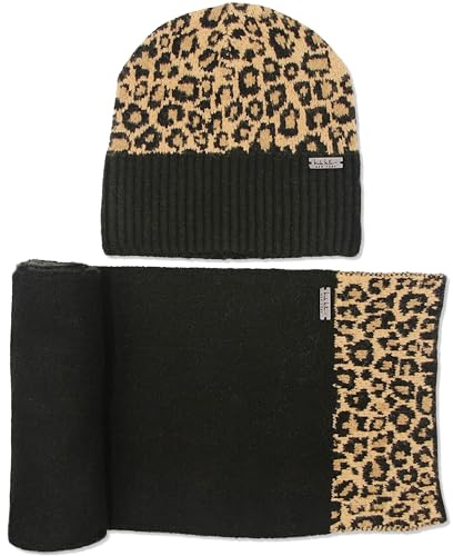 Nicole Miller New York Damen Hanging Scarf and Beanie Hat Set Mütze für kaltes Wetter, Leopard, Einheitsgröße (3er Pack)