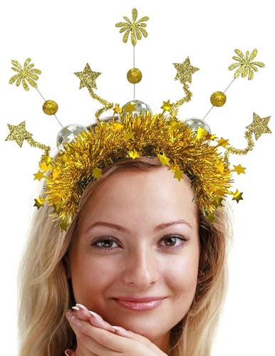 SVCEQZE Haarreif Happy New Year, silberfarbener goldener Stern, Feuerwerk, Kopfbedeckung, funkelnder Buchstaben-Kopfschmuck, Festival-Foto-Requisiten für Feiertage, Geburtstag