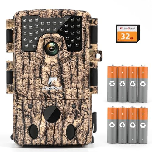 usogood Cámara de Fototrampeo 4K, Cámara de Caza con Visión Nocturna, Detección de Movimiento PIR y Tarjeta de Memoria 32GB, Impermeable IP66 para Monitoreo de Animales y Seguridad en Exteriores