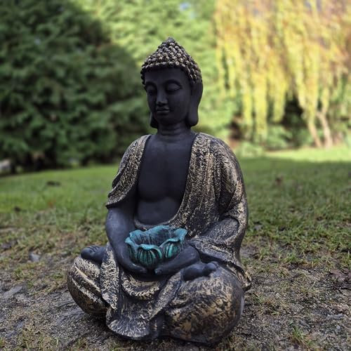 FABRIQ Groß Buddha Figur, Steinfigur, 40 cm, handbemalt Gold, frostbeständig bis -30 °C, ideal für Garten, Meditation, Innen- und Außendekoration (Gold)