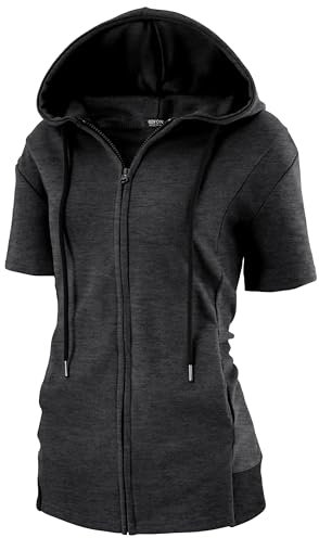 GIVON Womens Slim Fit Zip Up Hoodie Short Sleeve Thin Jacket Full Zip Sweatshirt with Plus Size, Dcf257-charcoal, S