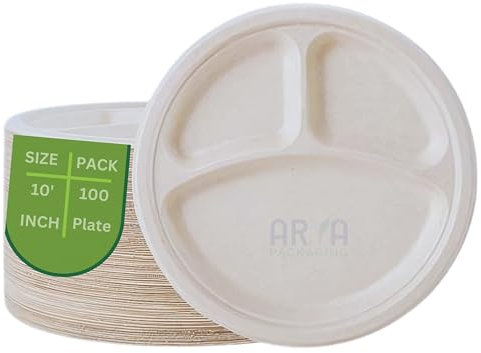 Arya PACKAGING Disposable Plates 10” inch 3 Compartment Round Plates, Sugarcane Bagasse Paper Trays, Perfect for Parties Picnics Family Dinners and Celebration Portion Control Plates. (Pack of 100)