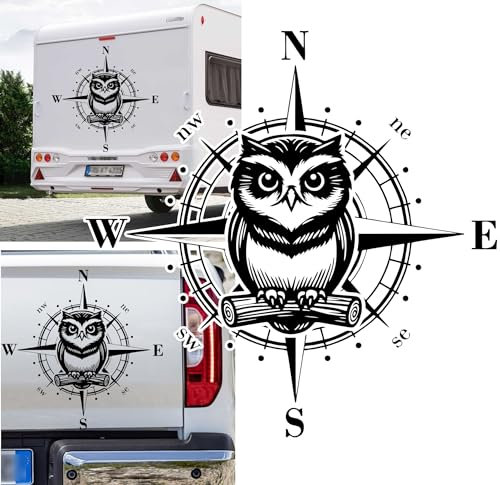 Rakelfix Kompass Eule Uhu Aufkleber Sticker Größe&Farbe wählbar Anhänger Wohnmobil Caravan Autoaufkleber Sticker Kompassrose Windrose Camper Decal