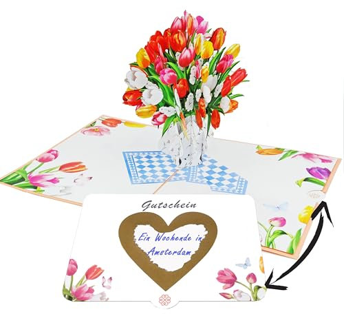 Favour Pop Up® - NEU & GENIAL – beim Öffnen der 3D Karte entfaltet sich ein Tulpenstrauß, perfekt ist die Überraschung beim Freirubbeln deiner Botschaft unter dem goldenen Herz