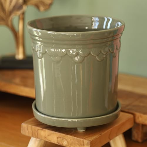 Fyne-Finds Ceramic Sage Green Plant Pot Raised Saucer Scalloped Edge Glazed Garden Planter Outdoor Home WeatherProof DrainageHoles (Large)