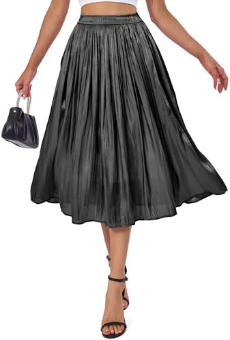 Eisnnu Damen Rock Sommer Midi Lang Glänzender Rock Elastische Taille A-Linie Elegant Hohe Taille Midi-Faltenrock (DE/NL/SE/PL, Alphanumerisch, S, Regular, Regular, Schwarz)