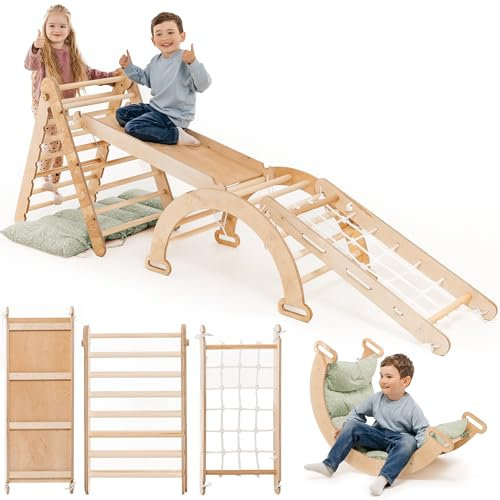 Extra Groß 5-in-1 Indoor Klettergerüst für Kleinkinder - Dreiecksleiter, Kletterbogen & Kletterrampe & Netz, Kissen, Montessori Klettergerüst, für Kinder von 1-5 Jahren (Grünes Kissen)