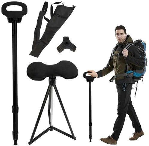 Bastón con Asiento Plegable, Extensibles Muletas Ajustables en Altura de 7 Niveles, Senderismo Bastón Silla Plegable, Palos Senderismo para Trekking, Camping, Viajes
