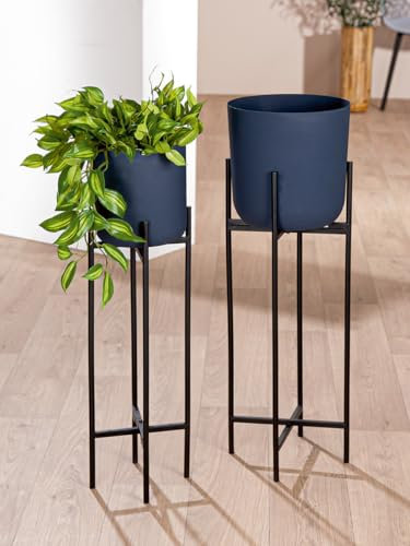 GILDE Leila Lot de 2 Pots de Fleurs en Fer revêtu par pulvérisation - Bleu Nuit - Hauteur 80 cm x Ø 28 cm