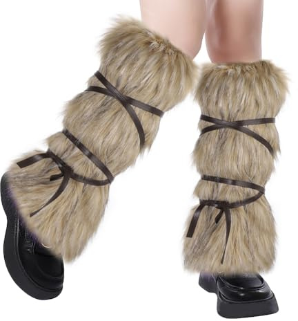 HKSICHENGKEJIUK Fluffy Leg Warmers Women Medieval Viking Leggings Warm Boot Cuff Sleeves with Leather Ties Faux Fur Leg Socks Adult Halloween Carnival Stage Party Viking Cosplay Costume Accessory