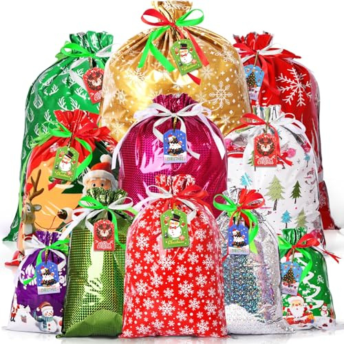 AhfuLife 16 Stück Weihnachten Geschenkbeutel mit Kordelzug, 11 Designs Weihnachtsgeschenkbeutel 5 Größen mit Geschenkanhänger Weihnachten für Schnell Weihnachtsgeschenke Verpacken