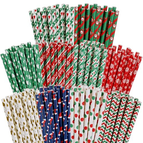 100 PCS Weihnachts Papierstrohhalme, 10 Stile Weihnachtsbaum, Schneeflocken, gestreifte Strohhalme für Weihnachten Party Dekorationen Zubehör