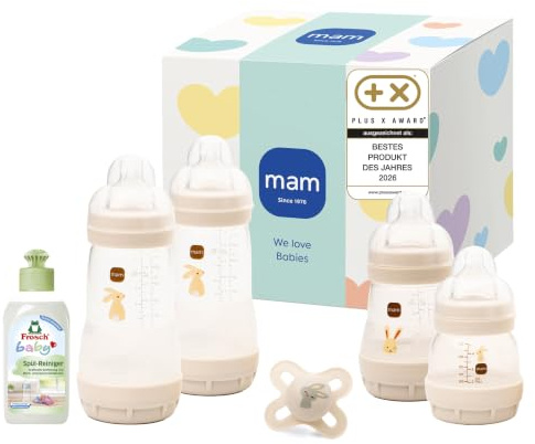 MAM Easy Start Anti-Colic Neugeborenen-Set, 0+ Mon, beige | Enthält 4 Anti-Colic Babyflaschen und 1 Original Start Schnuller, ideal ab der Geburt