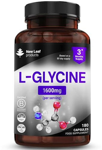 L-Glycine Capsules - 180 High Strength Vegan Amino Acid Suppelements - 1600mg Per Serving Providing A 3 Month Supply - Glycine Supplement Made in The UK By New Leaf