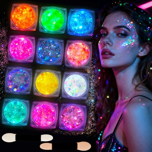 Kuvarix Festival Glitzer Gesicht,12 Farben Fluoreszierendes Chunky Glitter Gel für Gesicht, Körper & Haare, Neon UV Körperglitzer für Party, Festival, Halloween & Karneval Make-up