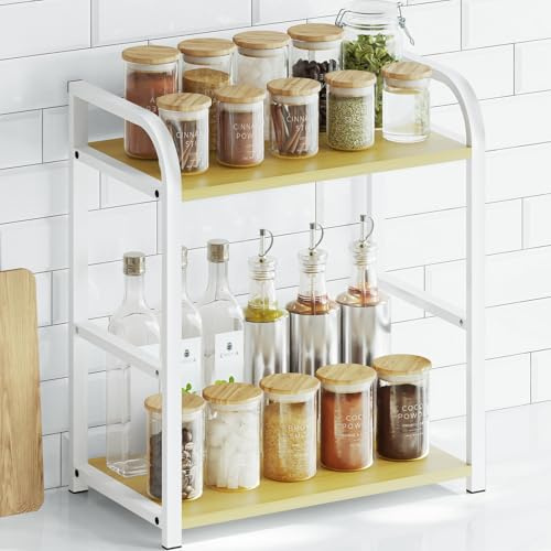 Kitchen Shelf Organiser Coffee Station - 2 Tier Spice Rack Storage Cupboard | White Wooden Shelves for Counter Top Organizer - Small Desk Worktop Organisation Unit Free Standing Coffe Bar Accessories