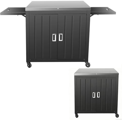 GFTIME Grillwagen, Outdoor Grillschrank mit Edelstahl-Arbeitsplatte, Grilltisch mit unterschrank, klappbaren Seitenablagen, Rollen, Mobiler Servierwagen, Outdoor-Küche 167,5 x 65 x 91,9cm,Großer