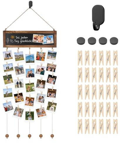 Generisch Fotovorhang zum Aufhängen, 38 x 90 cm, 30 Klammern, 4 Haken | Fotowand aus Holz, Jute und Metall im Vintage Stil, mit 30 Klammern, 4 Haken und 38 x 90 cm Gesamtgröße.