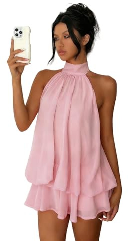Mini robe dos nu en mousseline de soie pour femmes, mini robe fluide pour invitées de mariage, sans manches, dos nu à nouer, rose, S