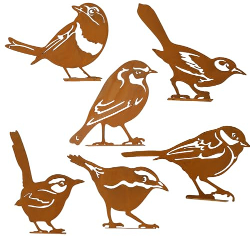 WANTOUTH 6 Stück Rost Vogel Gartendeko Roststecker Metall Vögel Gartenstecker Eisenvogel Rostvogel Garten Deko Frühling Vogelfigur mit Schraube wetterfest für Garten Terrasse Balkon Zaun Baum