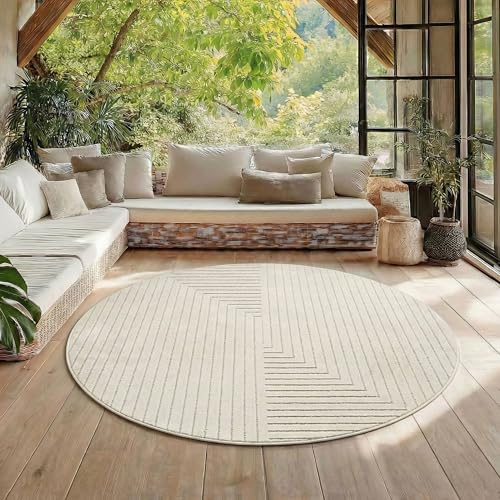 HomebyHome Kurzflor Teppich Rund 200 cm Creme, 3D Hoch Tief Effekt, Skandinavischer Boho Teppich für Wohnzimmer Esszimmer, Balkon Terrasse Outdoor geeignet