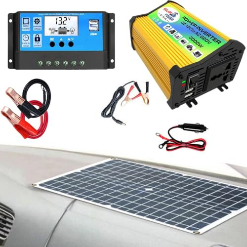 Kit De Panneau Solaire avec Batterie Et Onduleur | Panneau Solaire Étanche 3000 W pour Voiture, Camping-Car, Bateau, Moto, Panneu Monocristallin Double Port USB, Onduleur 3000 W + Contrôleur