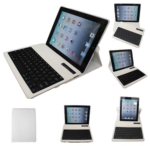TECHGEAR 360 Degree Rotating PU Leather Case Cover Stand with Detachable Bluetooth Wireless Keyboard for The Apple iPad 3 & iPad 2 (WHITE)