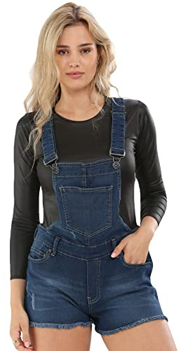 True Face Ladies Stretchable Dungaree Shorts Braces Hot Pants One Piece Women Playsuit Dark Wash UK 12