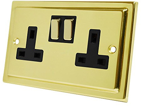 Victorian Polished Brass 2 Gang Socket Black Insert Metal Rocker Switch - 13 Amp Double Electrical Plug Socket