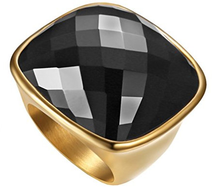 HIJONES Women's Stainless Steel Natural Glass Crystal Black Gemstone Ring High Polish Size M