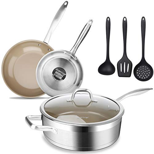 Duxtop 7-teiliges Edelstahl-Keramikbeschichtete Antihaft-Pfannen-Set, Induktions-Bratpfannen, Antihaft-Sautepfanne mit Deckel, stoßfeste Technologie, FUSION Titanverstärkte Keramikbeschichtung