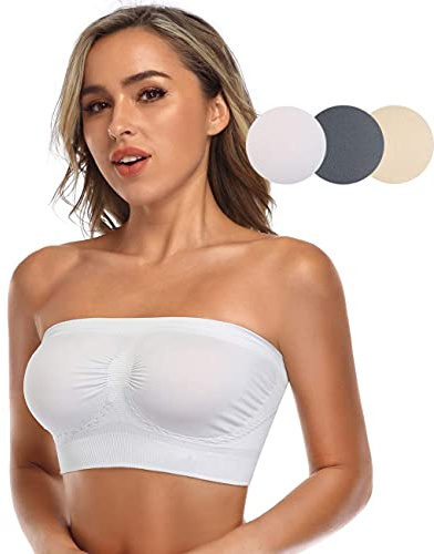 ANGOOL Bandeau Bra Seamless Non Padded Strapless Bra Boobtube Style Stretch Basic Layer Soft Bralette, White+Gray+Beige, XL Fit 38D 42B 42C